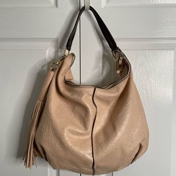 G.I.L.I. Hobo Bag Pale Peach Ostrich Embossed Leather Hobo Bag with Tassel - Picture 1 of 12